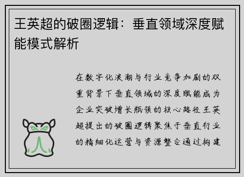 王英超的破圈逻辑：垂直领域深度赋能模式解析