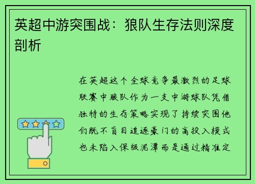 英超中游突围战：狼队生存法则深度剖析